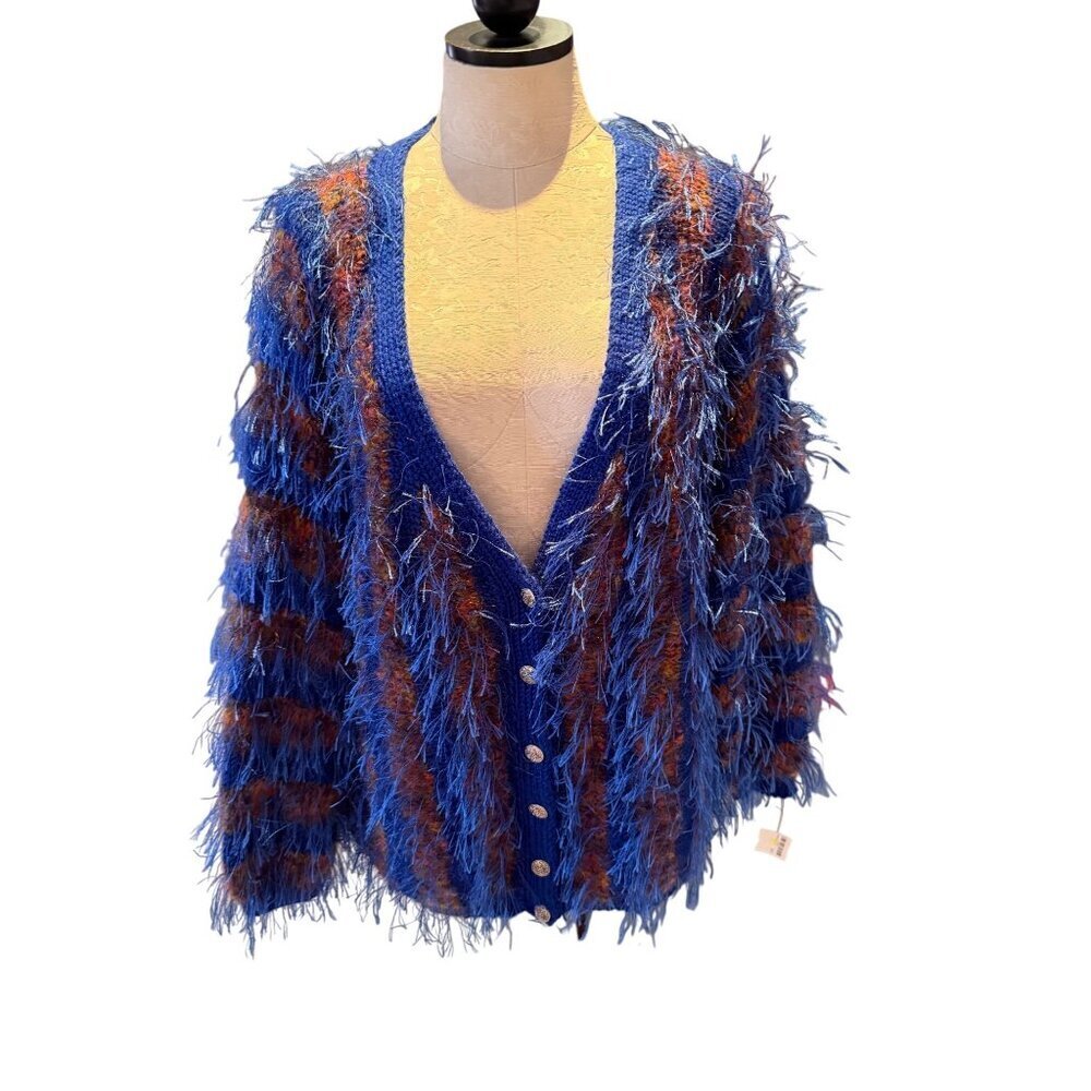 Vintage 1990s Handmade Womens Size XL Blue Coppers Wool Knit Fuzzy Cardigan